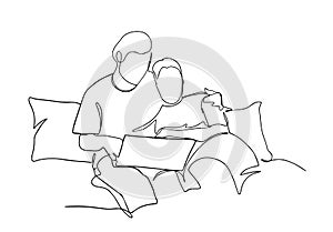 Continuous one line drawing happy couple of man and woman using laptop. Family is sitting on the couch with devices. Vector