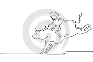 Continuous one line drawing happy cute kid girl riding bull. Child sitting on back bull with saddle in cowboy ranch. Kids learning