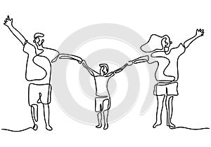 Continuous one line drawing of happy family father, mother and their child playing and jumping together to express their happiness