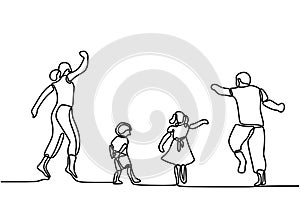 Continuous one line drawing. Happy family mother and father playing with children. Young parents running and jumping together with