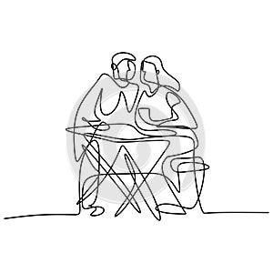 Continuous one line drawing of happy romantic young couple dinner with table and wine. Male and female couple doing date and