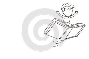 Continuous one line drawing happy smiling preschooler kid boy flying on big open book. Children riding magical flying book.
