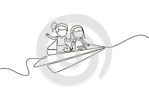 Continuous one line drawing Happy two little girls flying on paper plane. Kids flying on paper airplane together. Children back to