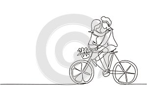 Continuous one line drawing happy young man and woman riding bicycle face to face. Happy romantic couple is riding bicycle