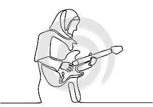 Continuous one line drawing of hijab girl playing guitar. Happy young cute hijab woman showing her skill playing guitar on stage.