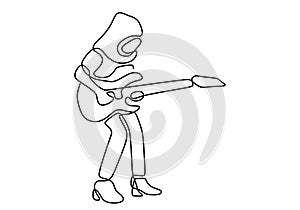 Continuous one line drawing of hijab girl playing guitar. Happy young cute hijab woman showing her skill playing guitar on stage.