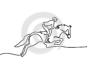 Continuous one line drawing. Horse and rider on horseback logo. Black and white  illustration