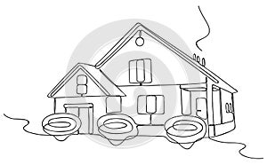 Continuous One Line drawing of House with bushes. Abstract country house in minimalist style. Continuous hand drawn