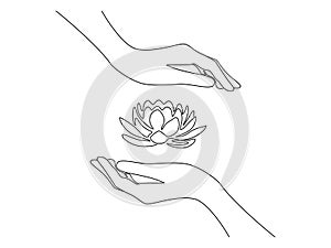 Continuous one line drawing of human hand with lotus flower. Water lily buddhism concept in simple linear style