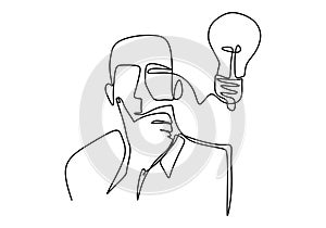 Continuous one line drawing idea and creativity symbol with lamp. The concept of thinking ideas. A person thinking and get an idea