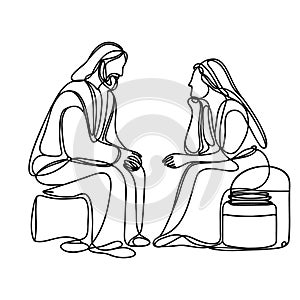 continuous one line drawing of Jesus Christ, sitting and talking to a Samoritan girl. Vector illustration