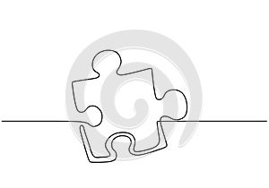 Continuous one line drawing of jigsaw puzzle isolated on white background