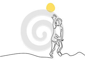 Continuous one line drawing of kid playing ball vector minimalism. Childhood theme design illustration with simplicity style