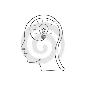Continuous one line drawing light bulb inside head. Concept of creative idea, education and imagination in linear style