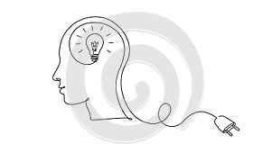 Continuous one line drawing light bulb inside head with plug. Concept of creative idea, education and imagination in