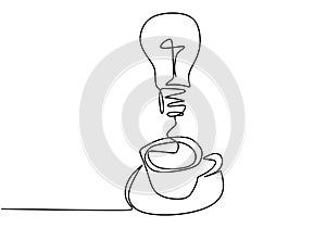 Continuous one line drawing light bulb symbol idea and creativity. Concept of idea emergence. Finding solution with a cup of