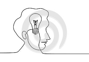 Continuous one line drawing light bulb symbol idea. Thinking ideas inside the person`s head. Concept of idea emergence. Vector