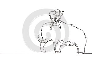 Continuous one line drawing little boy and girl caveman riding woolly mammoth together. Kids sitting on back of mammoth. Stone age