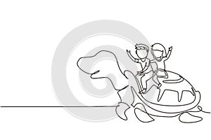 Continuous one line drawing little boy and girl riding sea turtle together. Children sitting on back tortoise with fins diving in