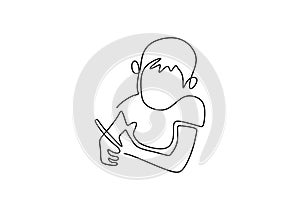 Continuous one line drawing of little boy is painting isolated on white background. A cute daughter holding brush and painting on