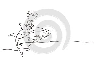 Continuous one line drawing little boy riding inflatable shark. Young kid sitting on back shark in swimming pool. Shark ocean fish