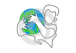 Continuous one line drawing of little child holding Earth globe. Concept of saving the earth, nature. Character boy environmental