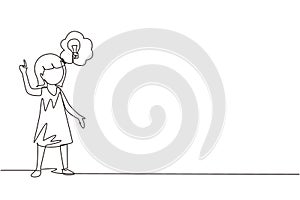 Continuous one line drawing little girl thinking. Kids think creative idea. Bubble with light bulbs sign. Concept of learning and