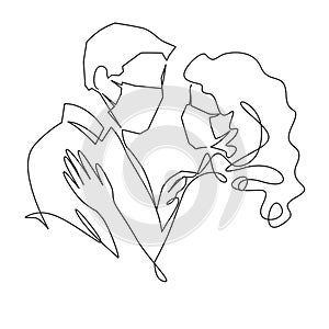 Continuous one line drawing of love in quarantine times. Couple hugs in protective medical masks vector illustration