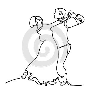 Continuous one line drawing. Loving couple woman and man dancing. Vector illustration logo