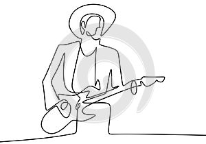 Continuous one line drawing of a man with acoustic guitar playing good sound. Perform to entertain the audience. Enjoy with music