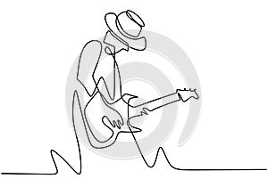 Continuous one line drawing of a man with acoustic guitar playing good sound. Perform to entertain the audience. Enjoy with music