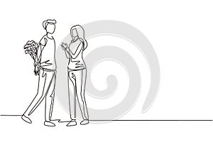 Continuous one line drawing man gives flowers to woman. Young man giving to woman bouquet of flowers for propose. Happy romantic