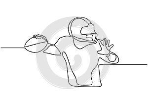 Continuous one line drawing of man holding a ball while playing american football game sport. Vector a person with costume and