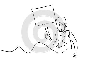 Continuous one line drawing man holding blank signboard. illustration concept