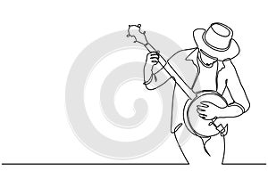 Continuous one line drawing of man playing banjo music vector illustration. Stringed instrument with a thin membrane stretched.