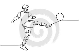 Continuous one line drawing of a man shoot a ball. Football player concept hand drawn simplicity design vector illustration