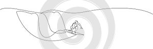 Continuous one line drawing of man surfing a big wave. Single line drawing surfer design. Vector illustration.