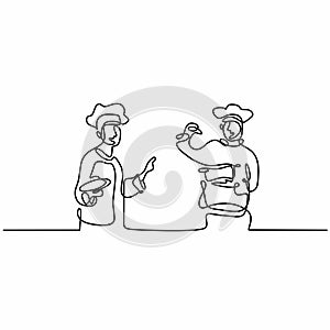 Continuous one line drawing man and woman cooking together. Young male and female prepares food in the kitchen, activity during