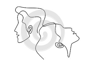 Continuous one line drawing of man and woman heads on white background. Young couple in lean on each other. Happy Valentine Day.