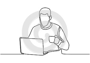 Continuous one line drawing of man working with laptop and drink a cup of coffee