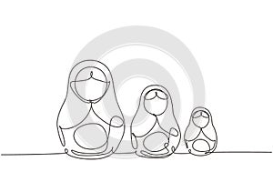 Continuous one line drawing matryoshka russian nesting dolls of different sizes, souvenir from Russia. Traditional Russian