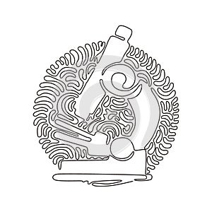Continuous one line drawing microscope icon. Virus medical research test. Hospital professional lab. Chemical laboratory. Swirl