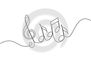 Continuous one line drawing music notes on stave. Musical symbol in one linear minimalist style. Trendy abstract wave melody.
