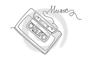 Continuous one line drawing music slogan with cassette tape illustration. Retro compact tape cassette. Vintage red audio cassette