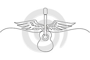 Continuous one line drawing musical emblem with wings, fire and caption guitar music. Musical instrument. Rock concert. Acoustic