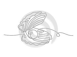 Continuous one line drawing natural open pearl shell close up. Modern minimalist ison or logo in black and white colors