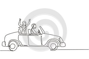 Continuous one line drawing newly married Arabian couple groom in vehicle. Happy man and woman riding wedding car. Married couple