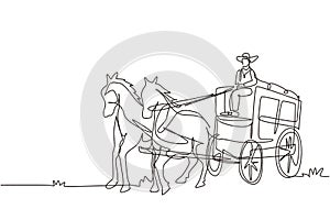 Continuous one line drawing old wild west horse-drawn carriage with coach. Vintage Western Stagecoach with horses. Wild west