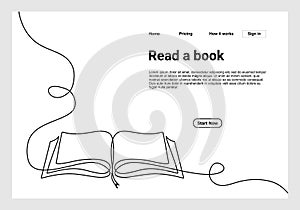 Continuous one line drawing open book with flying pages. illustration education supplies back to school theme for landing page