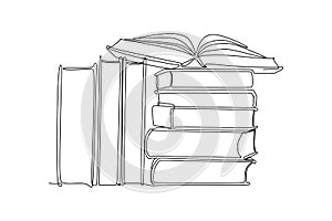 Continuous one line drawing of an opened book on a stack of books. Vector illustration for education supplies back to school theme